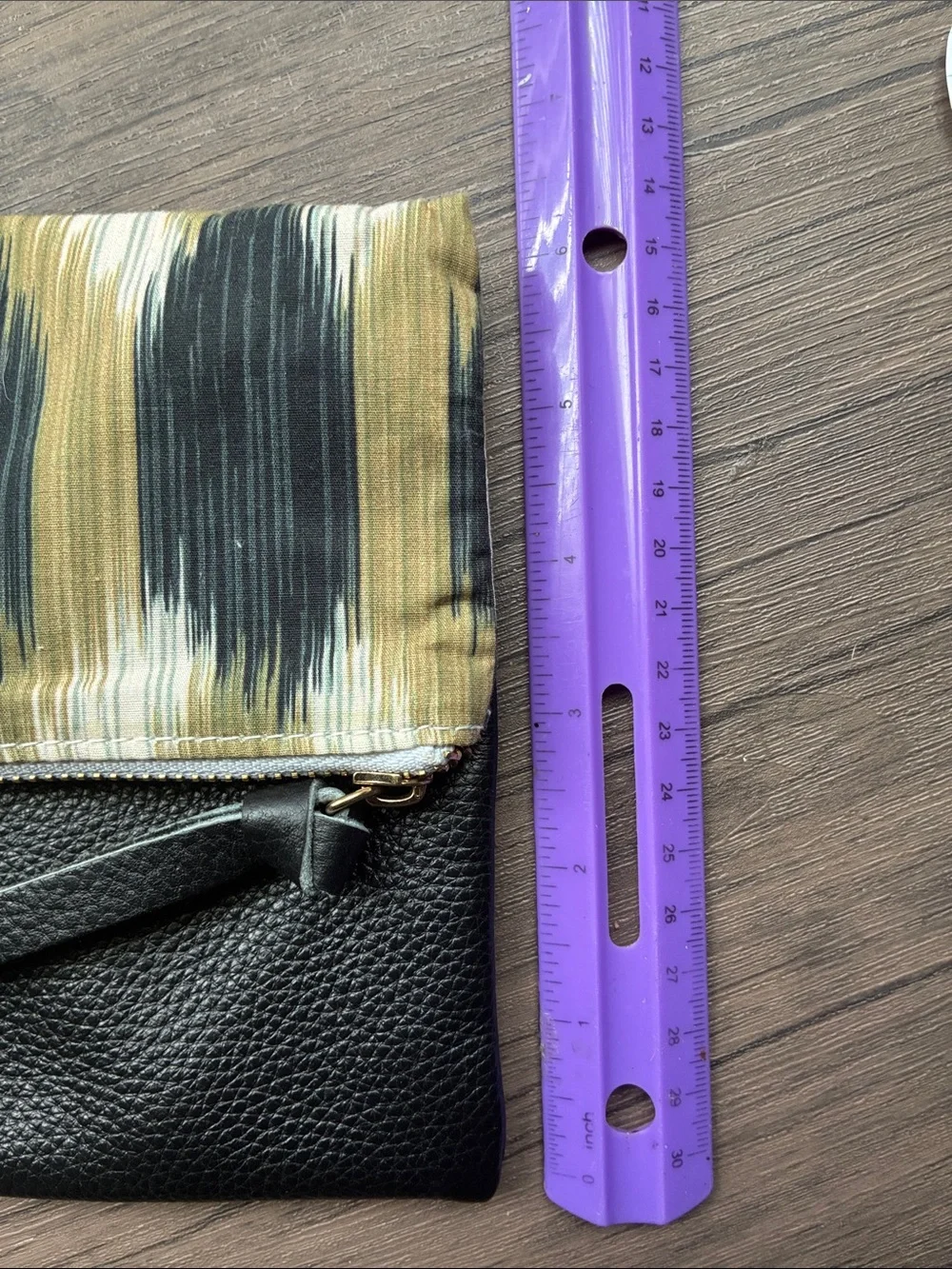 Navy Leather Wristlet Clutch 91/2” X 6” with Olive Patterned Accent